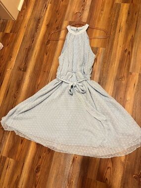 Light Blue Swiss Dot Halter Tie-Waist Dress